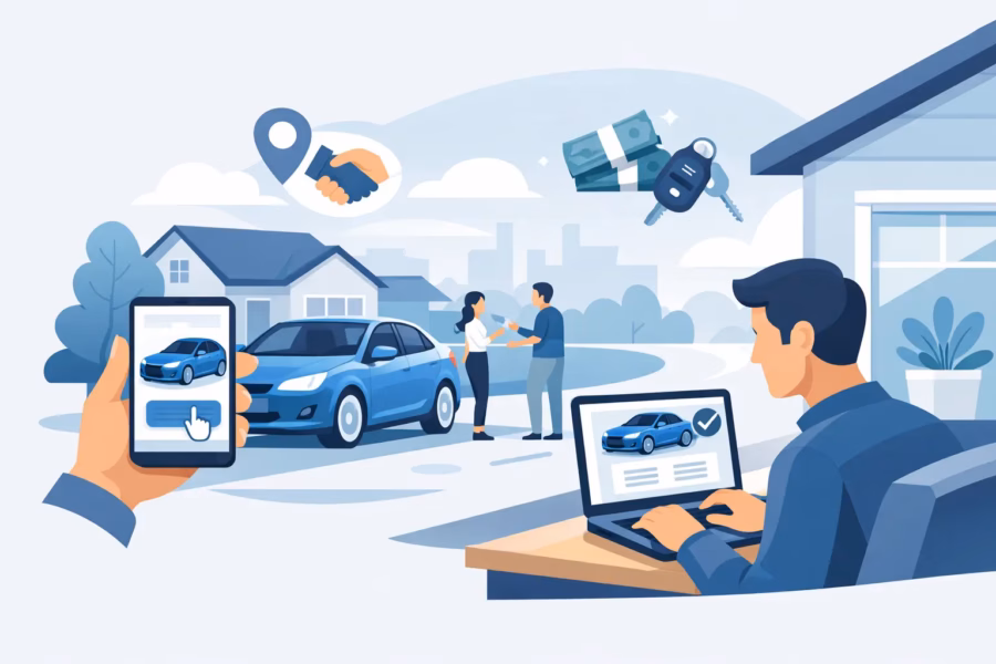 Illustration of online car buying: a person uses a phone app to view a blue car while another couple exchange keys, with a dealer using a laptop in the foreground