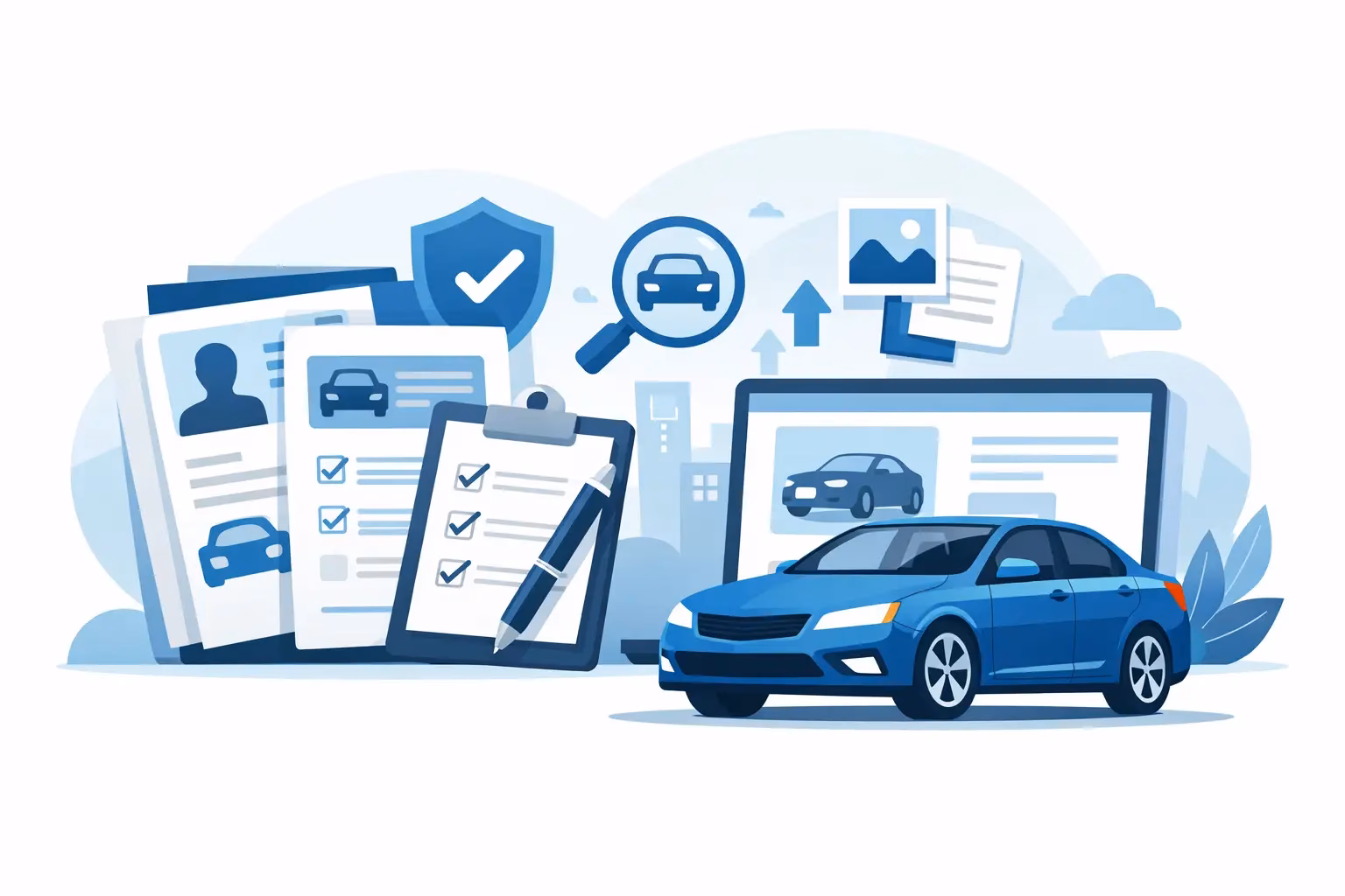 Blue car with surrounding auto documents, checklist clipboard, and a laptop—illustration of car ownership and paperwork process