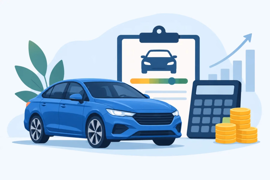 Blue sedan beside a loan document icon, a calculator, and stacks of coins, signaling auto financing.