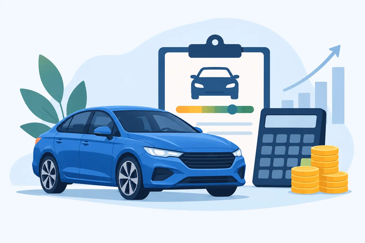 Blue sedan beside a loan document icon, a calculator, and stacks of coins, signaling auto financing.
